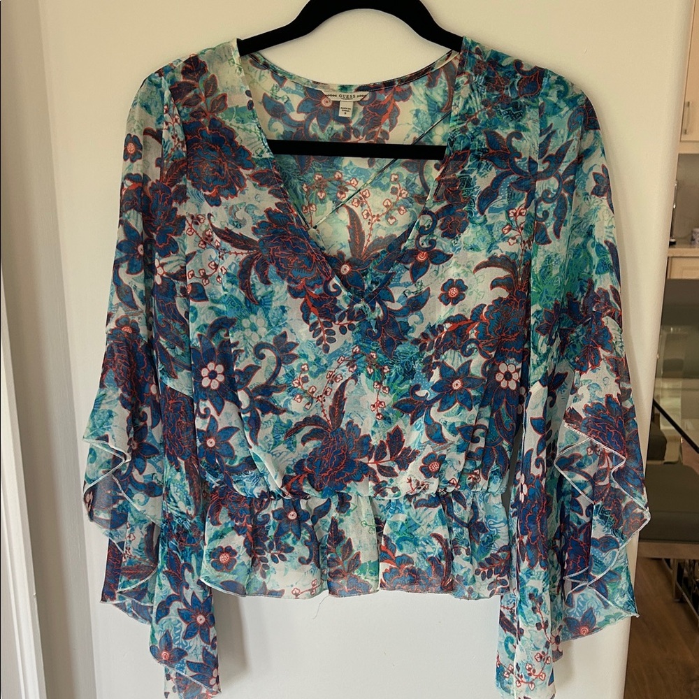 Guess Floral V-Neck Blouse - Blue and Red